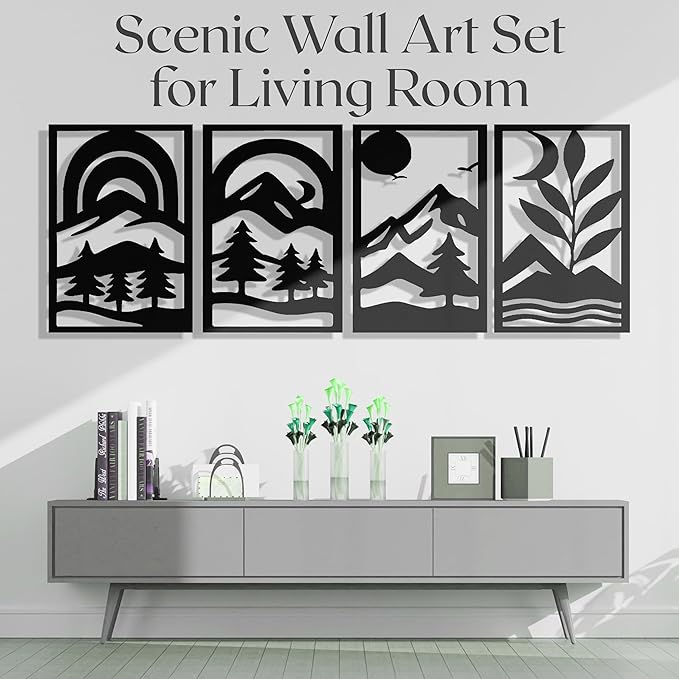GALLERY GRACE Metal Wall Art Decor – 11" x 16" Set of 4 Abstract Landscape Panels for Living Room, Office, or Bedroom – Minimalist Single Line Black Wall Art with Mountains, Trees, and Sunrise