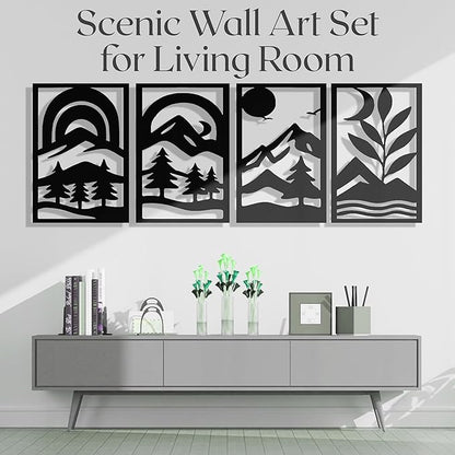 GALLERY GRACE Metal Wall Art Decor – 11" x 16" Set of 4 Abstract Landscape Panels for Living Room, Office, or Bedroom – Minimalist Single Line Black Wall Art with Mountains, Trees, and Sunrise