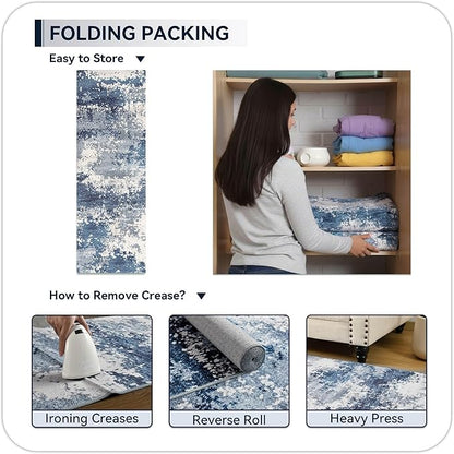 Blue Rug Runners for Hallways Kitchen 2.6x8 Non Slip Washable Entryway Runner Rugs with Rubber Backing 8ft Long Carpet Runner for Laundry Bedroom, Low Pile Stain & Fade Resistant, Abstract Navy