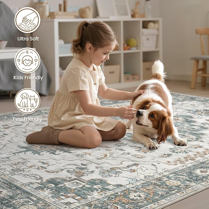 EIEIHOUSE Washable Area Rugs for Living Room -9x12 Neutral Vintage Distressed Floral Farmhouse Boho Large Soft Floor Rug Indoor Non Slip Carpet for Living Room Bedroom Dining Room Office -Green/Grey