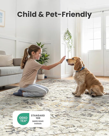 AMADA HOMEFURNISHING 5x7 Washable Area Rug, Low-Profile Living Room Rug with Non-Slip Backing & Durable Edge Binding, Large Area Rug, Vintage Rugs for Living Room, Bedroom, Dinning Room