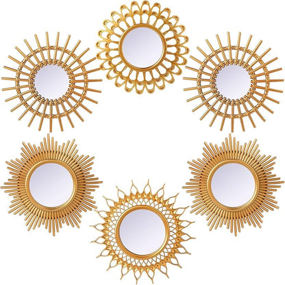 Namalu 6 Pcs Sunburst Mirror for Wall Decor, Small Circle Sun Decorative Mirror Hanging for Art Entryway Home Decor Bathroom Bedroom Living Room(Classic,Gold)