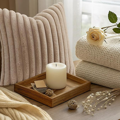 decorUhome Cozy Faux Fur Throw Pillow Covers 24x24 Set of 2 Decorative Soft Plush Striped Modern Farmhouse Boho Couch Euro Sham Pillow Cases with Velvet Back for Sofa Bed Living Room, Khaki Brown