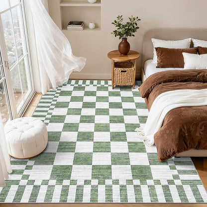 GarveeHome Sage Green Checkered Rug,Washable 3x5 Rug Non Slip for Entryway, Soft Low-Pile, Modern Farmhouse Geometric Small Area Rugs for Bedroom Kitchen