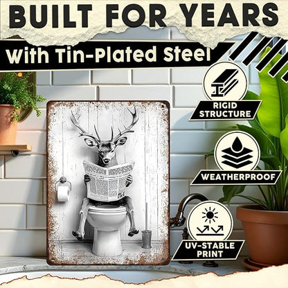 Funny Metal Bathroom Signs Deer Vintage Tin Sign for Bathroom & Restroom Black and White Decor 12x16 Inch