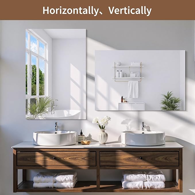 CILIBER Frameless Mirrors for Wall, 2-Pack 24x36 Vanity Mirrors with Polished Edge, Rectangle Bathroom Mirror for Over Sink, Bedroom, Entryway, Horizontal or Vertical, 3mm Tempered Glass