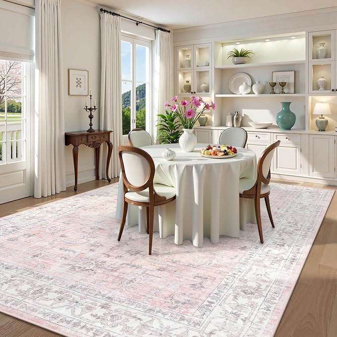 LIVEBOX Pink 9x12 Area Rug for Bedroom Girls, Boho Washable Rugs for Living Room Nursery, Non-Slip Indoor Soft Carpet Low-Pile Farmhouse Carpets for Dining Room Kids Playroom, Pink