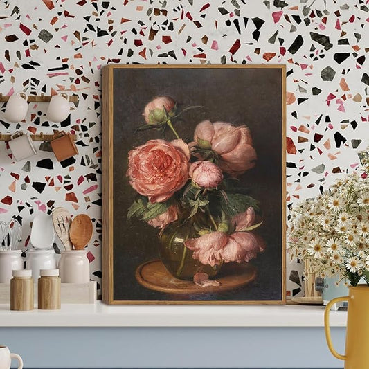 WALLZK Vintage Framed Wall Art Peony Wall Decor Pink Floral Canvas Prints Cottagecore Decor Rustic Farmhouse Pictures Artwork for Walls Living Room Bedroom Bathroom 8"x10"