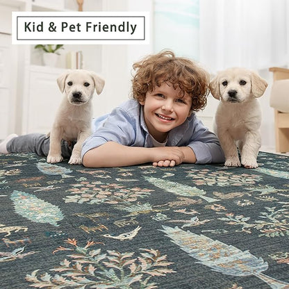 Srugn Washable Rugs 8x10 Area Rugs for Living Room,Bedroom,Dining Room- Large Ultra Soft Faux Wool Retro Carpet,Non Slip&Non-Shedding Low Pile Vintage Print Rug for Home Office Dorm-Dark Green