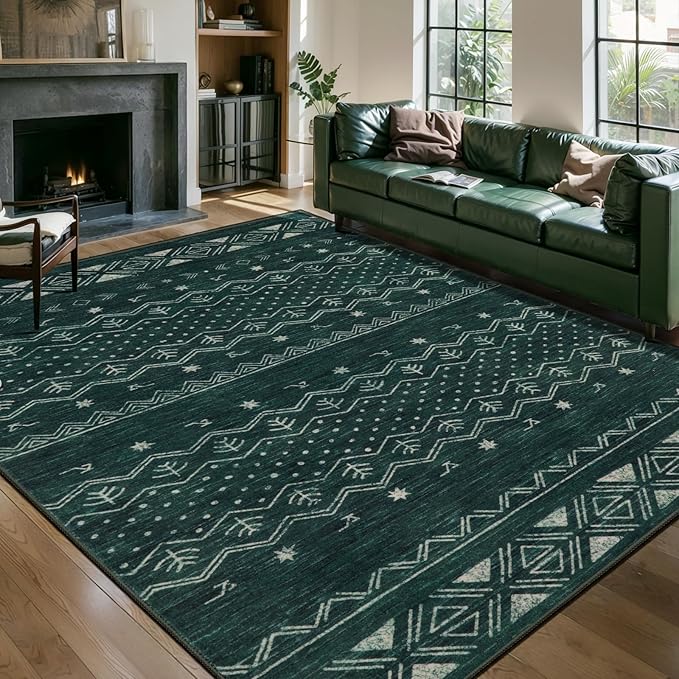 SERISSA 5x7 Area Rugs for Living Room, Washable Non-Slip Dark Green Boho Rug, Soft Low-Pile Geometric Indoor Large Carpet for Dining Room Bedroom Home Office Playroom