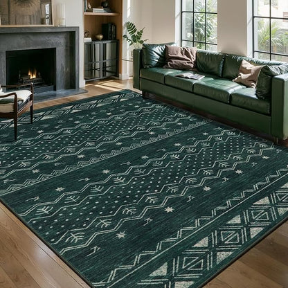 SERISSA 5x7 Area Rugs for Living Room, Washable Non-Slip Dark Green Boho Rug, Soft Low-Pile Geometric Indoor Large Carpet for Dining Room Bedroom Home Office Playroom