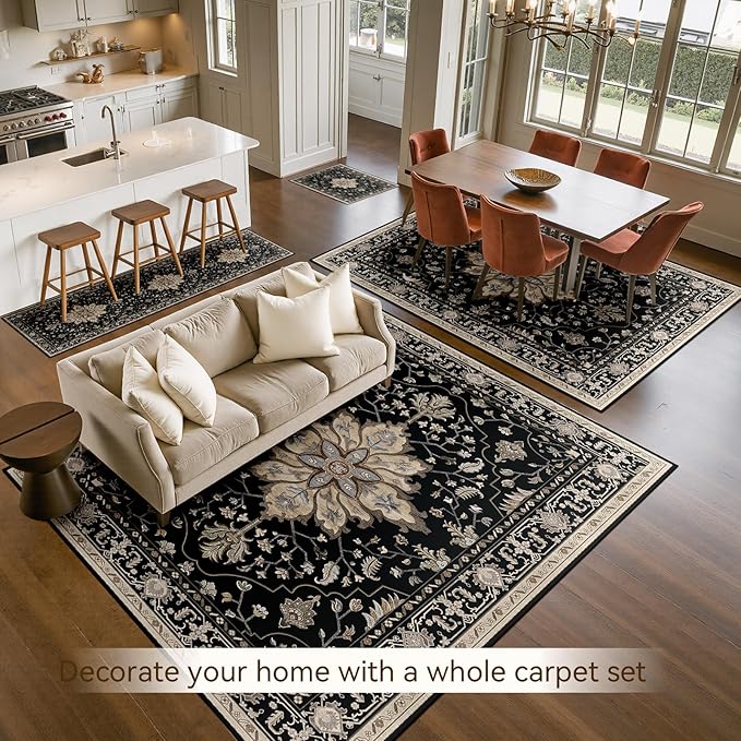 RELEANY Area Rugs 7'x9' Washable Non-Slip, Floral Vintage Distress Print Pattern Medallion Carpet for Living Room Bedroom Dining Room, Black Brown Neutral Dark Tan