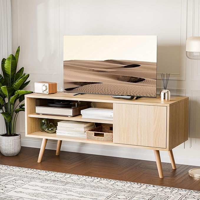 Cozy Castle TV Stand for 48-55 Inch TV, Mid Century Modern Entertainment Center with Storage Cabinet, TV Media Console with Charging Station for Living Room (Oak, 43.3" W x 15.7" D x 19.5" H)