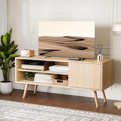 Cozy Castle TV Stand for 48-55 Inch TV, Mid Century Modern Entertainment Center with Storage Cabinet, TV Media Console with Charging Station for Living Room (Oak, 43.3" W x 15.7" D x 19.5" H)