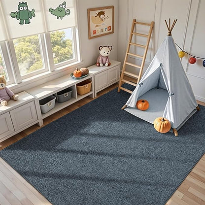FinRèc 8x10 Washable Area Rugs for Bedroom Living Room, Low Pile Thin Rug Solid Color, Non-Slip Carpet Indoor for Home Decor (Grey Blue/White)