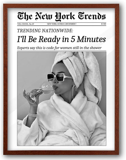 EcoHest 12x16 in Walnut Solid OAK Wood Framed Wall Art, Newspaper I'll Be Ready in 5 Minutes Print, Feminist Makeup Canvas Wall Art Home Decor, Retro Bathroom Decor, Set of 1 For Bedroom Living Room