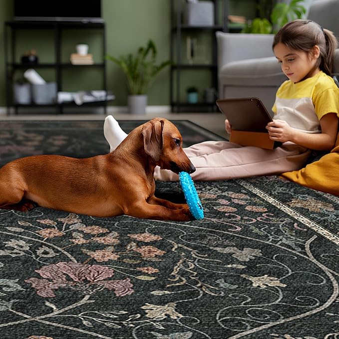 Floral Area Rug 8x10 Washable Vintage Non Slip Rug Large Soft Low Pile Stain Resistant Rugs for Living Room Bedroom Dining Room Laundry Indoor, Dark Grey