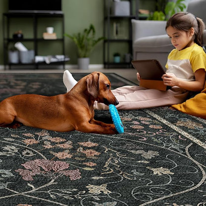 Floral Area Rug 8x10 Washable Vintage Non Slip Rug Large Soft Low Pile Stain Resistant Rugs for Living Room Bedroom Dining Room Laundry Indoor, Dark Grey