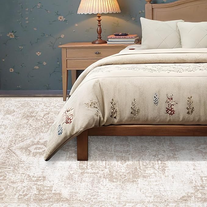 Area Rug 5x7 Vintage Rug: Washable Indoor Medallion Rugs Low Pile Distressed Floor Carpet Retro Accent Rug for Living Room Bedroom Kitchen Dining Table Home Office(Beige, 5'x7')