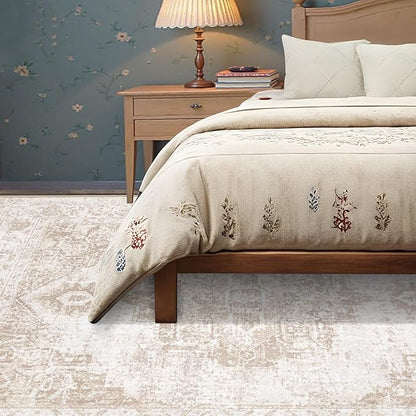 Area Rug 5x7 Vintage Rug: Washable Indoor Medallion Rugs Low Pile Distressed Floor Carpet Retro Accent Rug for Living Room Bedroom Kitchen Dining Table Home Office(Beige, 5'x7')