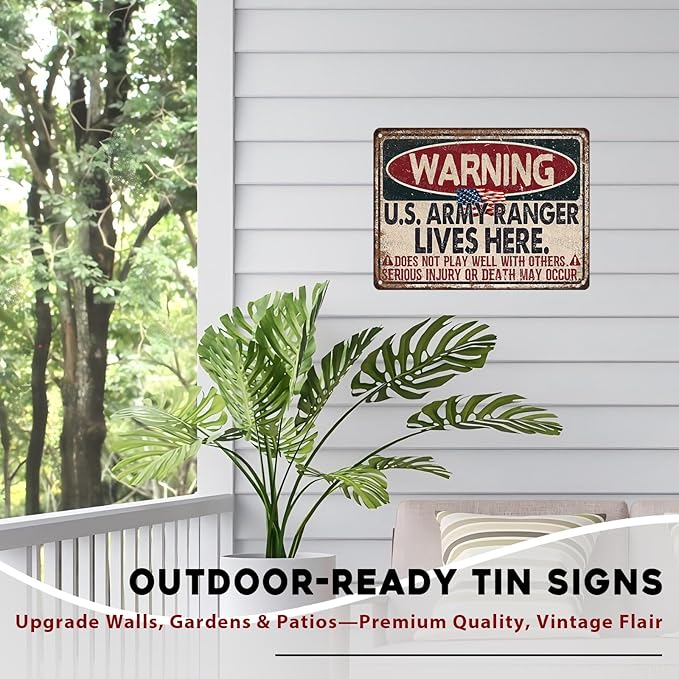 Warning US Army Ranger Vintage Tin Sign Great Patriotic Home Decor and Private Property Metal Sign for American Flag Home and Office Decor USA Army and Military 12x16inch