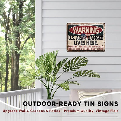 Warning US Army Ranger Vintage Tin Sign Great Patriotic Home Decor and Private Property Metal Sign for American Flag Home and Office Decor USA Army and Military 12x16inch