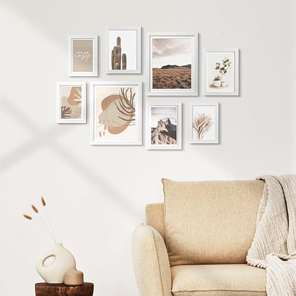 ArtbyHannah Gallery Wall Frame Set,White Picture Frames Collage Wall Decor with Neutural Art for Living Room Stariway,8 Pack Assorted Size 8"x10",5"x7",4"x6", Small