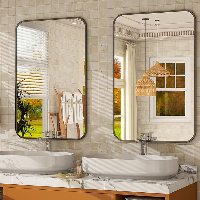 Easly 20 x 28 Inch Bathroom Mirror, Rounded Rectangular Vanity Mirror for Wall, Modern Mirror for Room Decor, Black Framed Wall-Mounted Mirrors for Home Decor, Hangs Horizontally or Vertically