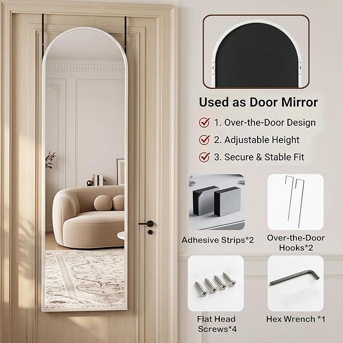 Antok Full Length Over-the-Door Hanging Mirror - Freestanding Wall Mount Leaning Body Mirror for Bedroom Living Room Entryway, 48" L x 14" W, White
