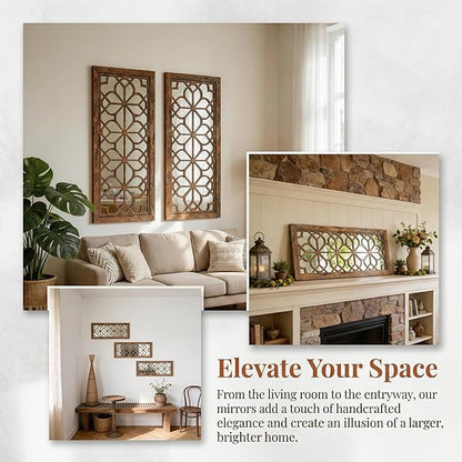 Set of 2 13x30 Inch Large Redbrown Shatterproof Carved Floral Wood Frame Wall Mirrors, Boho Farmhouse Rustic Accent Mirrors for Living Room Bedroom Bathroom & Home Decor