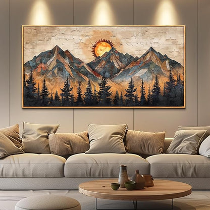 ZUITINGHUA Boho Wall Art For Living Room Large Canvas Wall Decor For Bedroom Office Decorations Abstract Wall Paintings Mountain Landscape Pictures Modern Home Mural Artwork Wood Framed 24x48 In