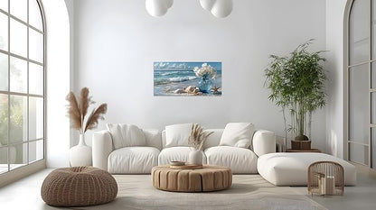 TutuBeer Beach Bathroom Canvas Wall Art Starfish with White Flower Coastal Pictures Wall Art Canvas Seascape Poster Seaside Seashell Painting Print Artwork for Living Room Bedroom 8"x16"x1 Panel