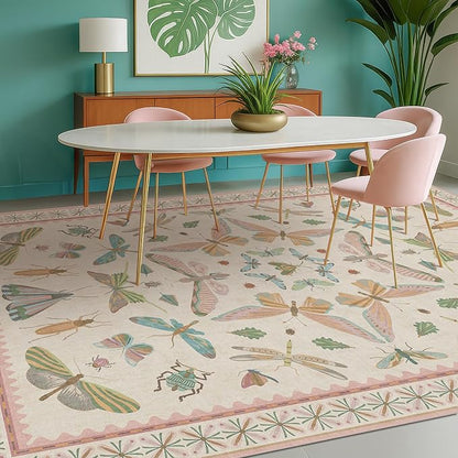 Hazo Haus Floral Pink Rugs for Bedroom Girls 6x9 - Insect Print Cute Girly Rug for Living Room, Dining Room Under Kitchen Table, Washable Low Pile Vintage Bug Art Nouveau Home Decor
