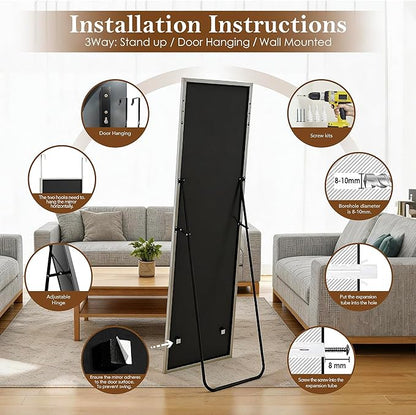 NARCISSUS 57x16 Mirror Door Hanging Full Length Body with Floor Stand or Wall Mounted Metal Aluminum Frame Tempered Glass Rectangle Mirrors for Bedroom Dressing Living Room Bathroom 57 inch Silver