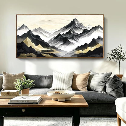 Large Framed Contemporary Black White And Gold Living Room Wall Art, Canvas Print Of Landscape Mountains; Unique Abstract Natural Artwork For Bedrooms, Offices, Studies, Entryways, And Living Rooms. 48X24 Inches.
