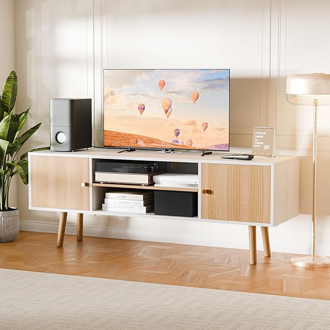 Cozy Castle TV Stand for 48-55 Inch TV, Mid Century Modern Entertainment Center with Storage Cabinet, TV Media Console with Charging Station for Living Room (Oak, 53.1" W x 15.7" D x 19.7" H)