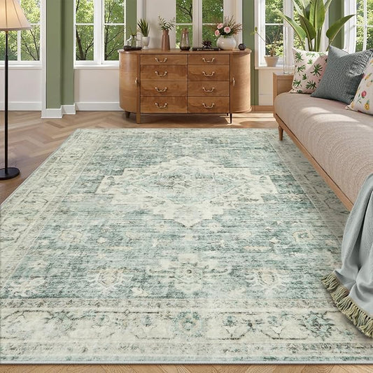 LIVEBOX Washable Area Rug 9x12 Rugs for Living Room Bedroom, Non-Slip Boho Indoor Carpet for Dining Room Office, Low-Pile Farmhouse Soft Carpets for Kids Nursery Playroom, Sage Green