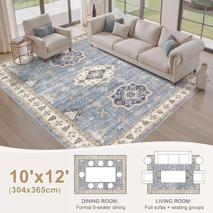 EIEIHOUSE Washable Area Rugs for Living Room -10x12 Neutral Vintage Distressed Floral Farmhouse Boho Large Soft Floor Rug Indoor Non Slip Carpet for Living Room Bedroom Dining Room Office - Blue