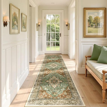 RELEANY Area Rugs 3'x9' Runner Rug Non Slip Washable for Kitchen Hallway Bedroom Beside Laundry Room Bathroom Rug, Floor Carpet, Brick Red Rust Neutral Brown Burnt Orange Green