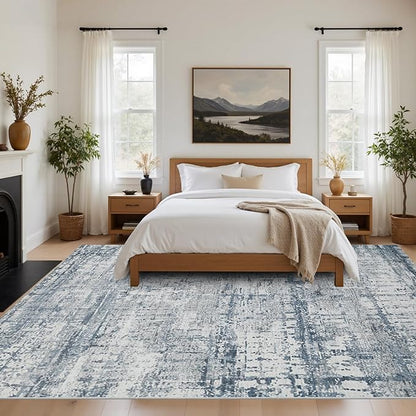 Rugxara Blue Grey 8x10 Area Rugs,Large Soft Rugs for Living Room, Blue Washable Rug, Modern Abstract Rugs for Bedroom Dining Room, Non-Slip Foldable Thin Indoor Carpet Stain Resistant(Blue Grey)