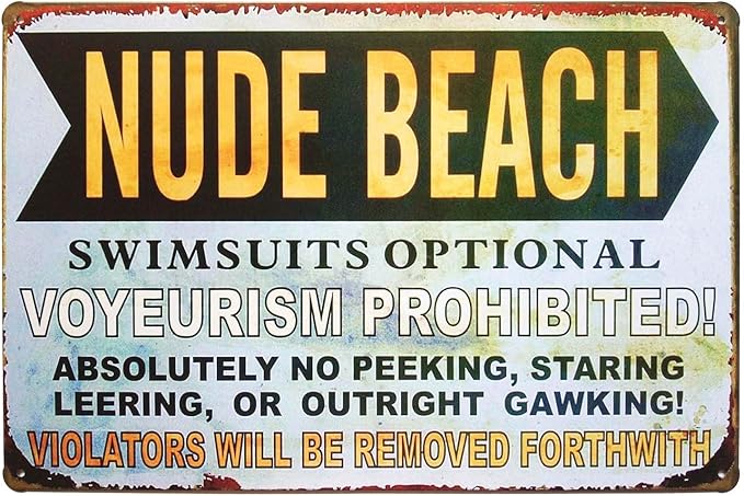 Nude Beach Metal Sign, Swimsuits Optional Voyeurism Prohibited Humorous Tin Sign, Vintage Rustic Beach Decor