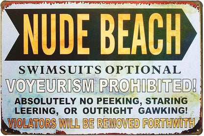Nude Beach Metal Sign, Swimsuits Optional Voyeurism Prohibited Humorous Tin Sign, Vintage Rustic Beach Decor
