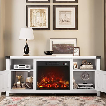 JUMMICO Fireplace TV Stand with 18” Electric Fireplace, Modern Fire Place TV Stands for Living Room, Entertainment Center with Storage Cabinet (Ivory)