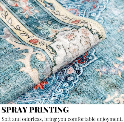 MUJOO Teal Runner Rug 2'x6', Long Washable Rug Runners for Hallways Entryway Kitchen Bathroom Bedside,Boho Vintage Bohemian Distressed Farmhouse Non Slip Carpet,Floral