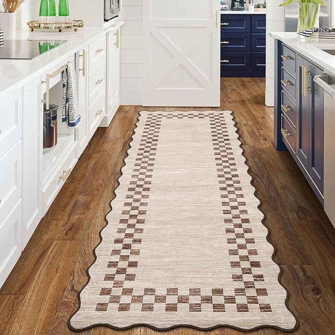 Washable Runner Rug 2x10 Modern Bordered Hallway Runner Rug Non Slip Kitchen Throw Carpet Checkered Bathroom Entryway Runner Rugs Low Pile Solid Area Rugs for Living Room Bedroom Nursery Sink, Beige