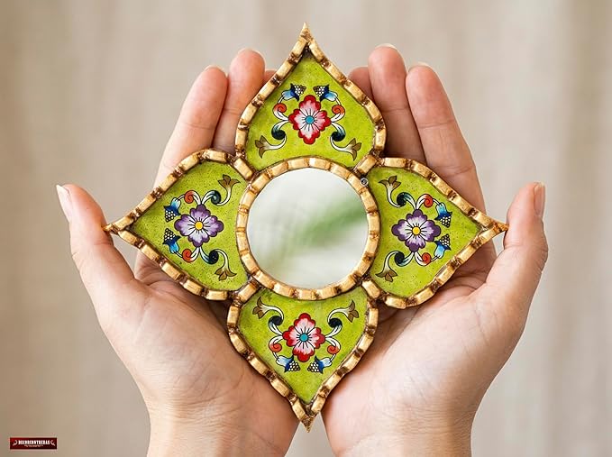 Small Green Peruvian Mirrors for wall Holiday – Diamond/Square Shape wall Artisan Mirror in Painted Glass with Gold Leaf Frame (Lime Green)