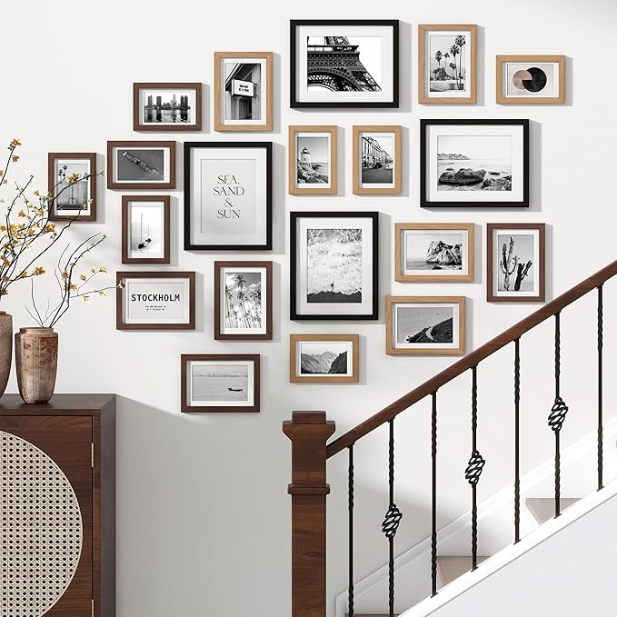 Venusmiles 20 Pack Picture Frames Collage Wall Decor, Gallery Frame Set for Wall Mounting or Tabletop Display, Multi Sizes Including 4pcs 8x10, 8pcs 5x7, 8pcs 4x6, Black+Oak+Walnut