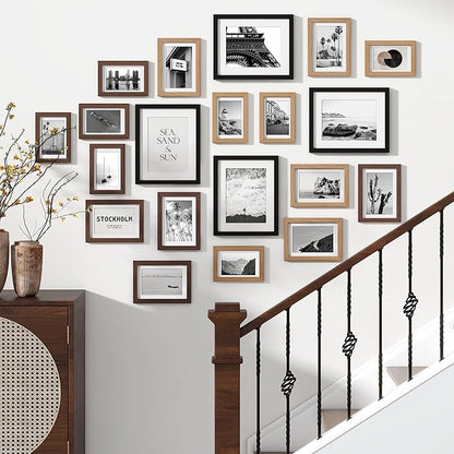 Venusmiles 20 Pack Picture Frames Collage Wall Decor, Gallery Frame Set for Wall Mounting or Tabletop Display, Multi Sizes Including 4pcs 8x10, 8pcs 5x7, 8pcs 4x6, Black+Oak+Walnut