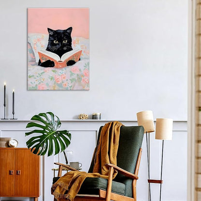 Framed Cats Canvas Wall Art, Funn Black Cat Reading Books Picture Wall Decor, Pink Vintage Animal Poster Prints for Girls Room Bedroom Kids Room Living Room Bathroom Decor 16x24 inch