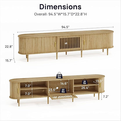 94.5" Fluted Mid Century Modern TV Stand for TVs Up to 80/85/86/90/98/100", Tambour Sliding Doors Entertainment Center with Storage&LED, Curved Media & TV Console Long TV Stands for Living Room, Oak
